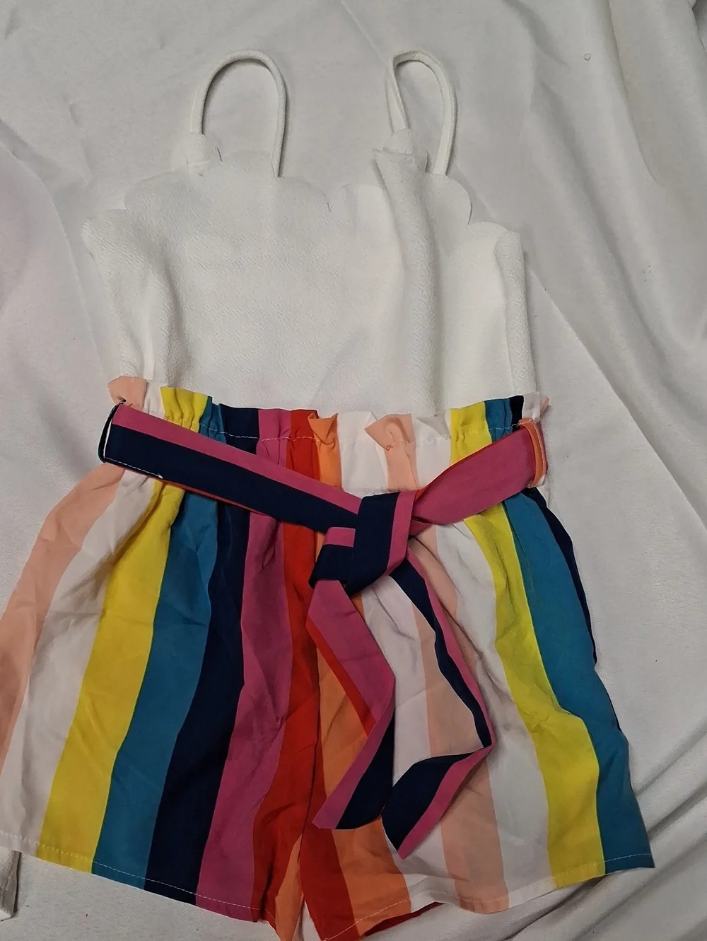 Girls 5T White Romper with Pink Rosette & Rainbow Stripe Romper Set